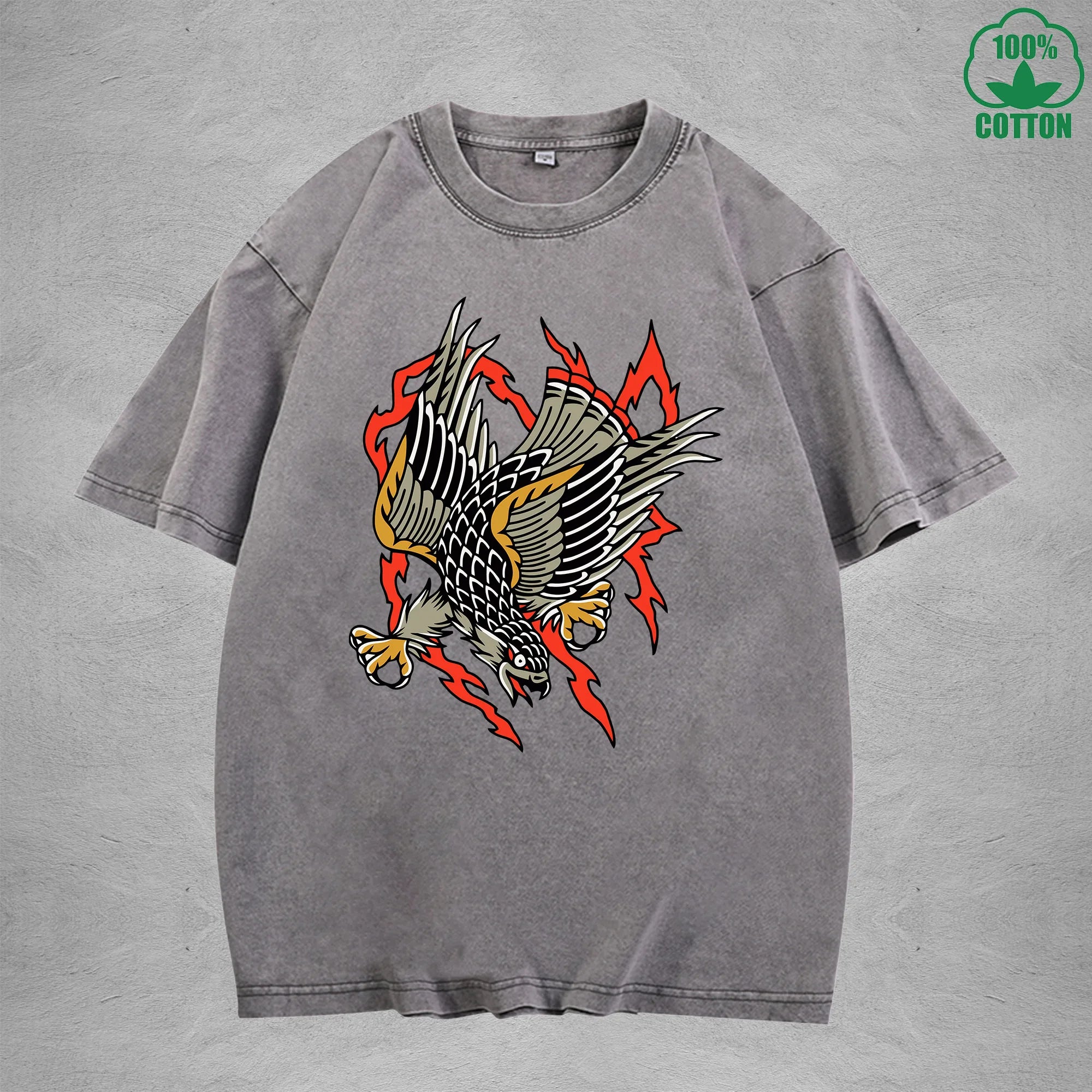 BOGGO  Aerial HunterInterest Printed Washed T-Shirt 230G Multicolor Loose Trendy Fashionable 100%Cotton Short Sleeve Top