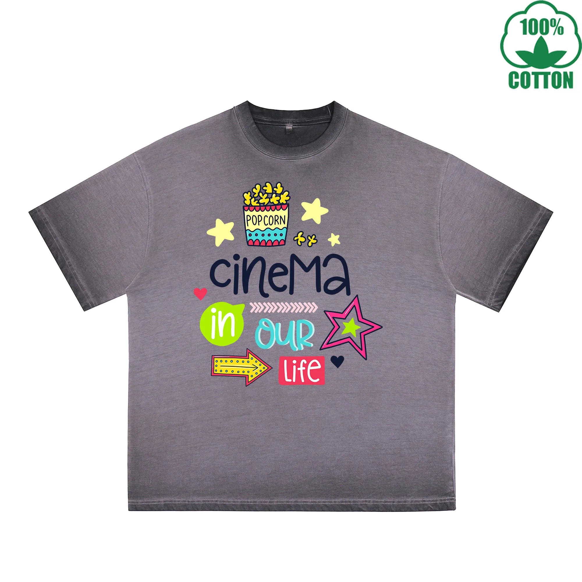 BOGGO  Cinema In Our Life Printed Dirty WashT-Shirt 230G Multicolor Loose Trendy Fashionable 100%Cotton Short Sleeve Top