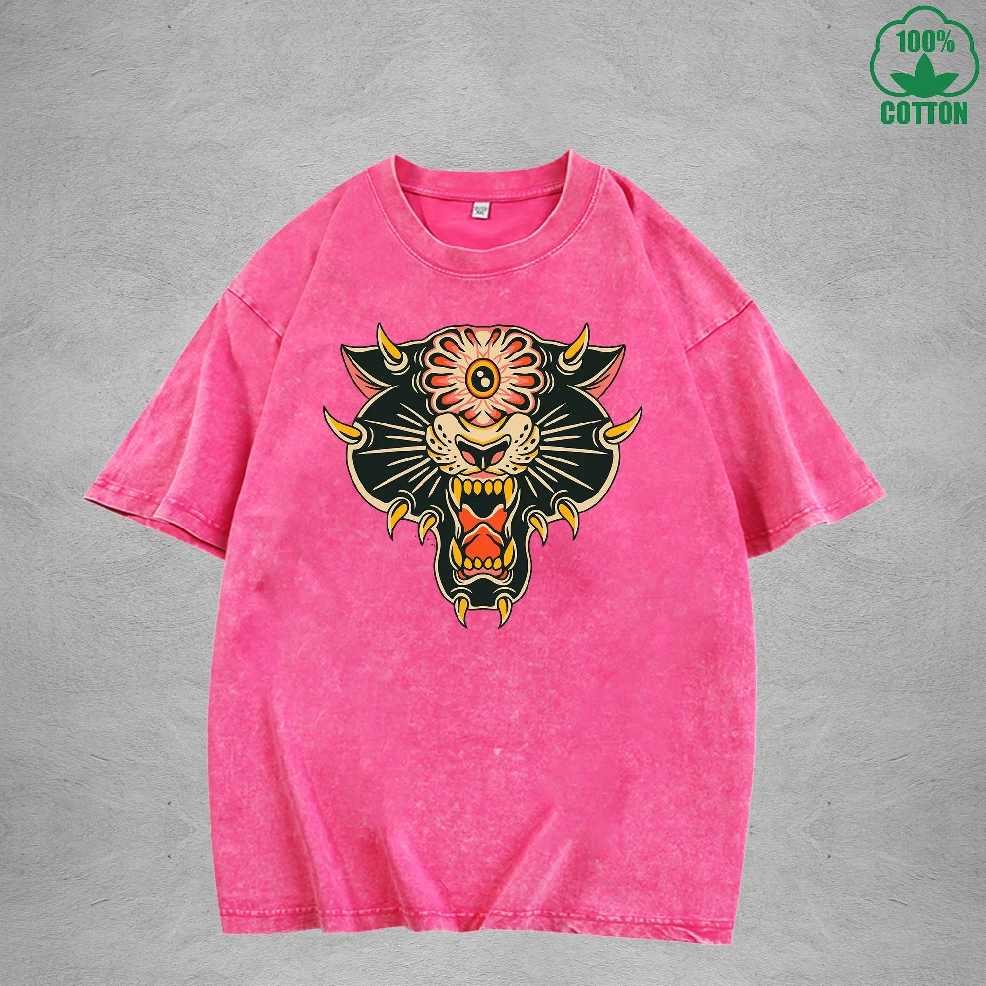 BOGGO  One Eyed TigerInterest Printed Washed T-Shirt 230G Multicolor Loose Trendy Fashionable 100%Cotton Short Sleeve Top