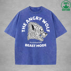 BOGGO  The Angry WolfInterest Printed Washed T-Shirt 230G Multicolor Loose Trendy Fashionable 100%Cotton Short Sleeve Top
