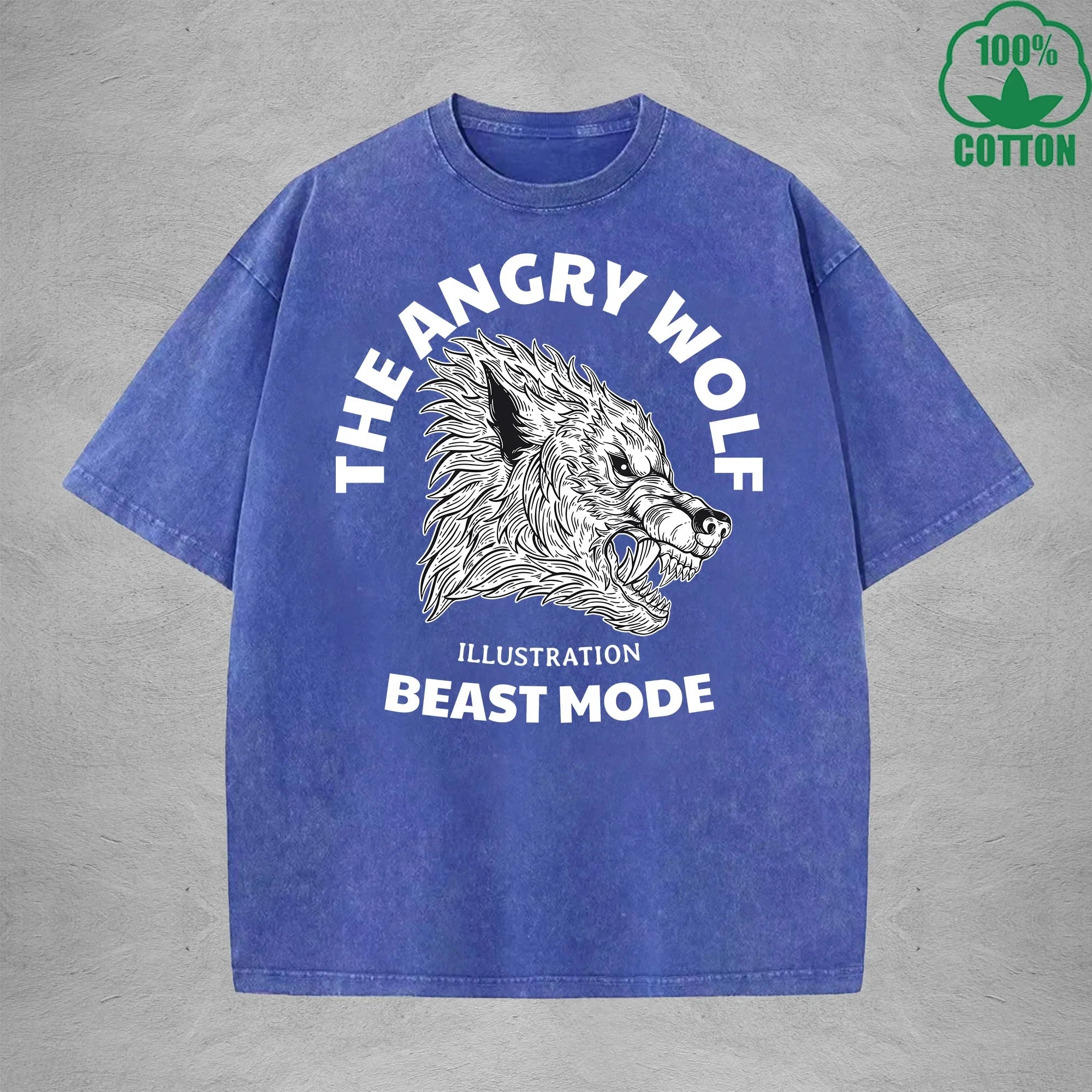 BOGGO  The Angry WolfInterest Printed Washed T-Shirt 230G Multicolor Loose Trendy Fashionable 100%Cotton Short Sleeve Top