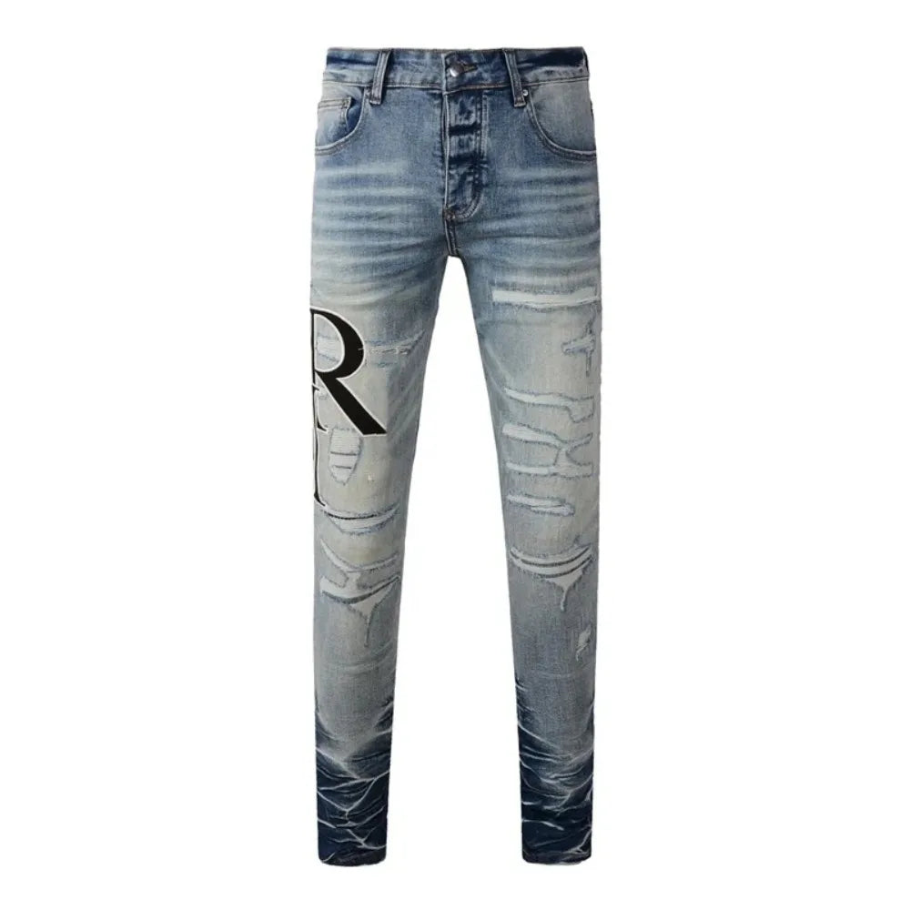 BOGGO Streetwear Men Jeans Fashion Trend American High Street Retro wash Low Rise Elastic Skinny Pleated Ripped Denim Pants