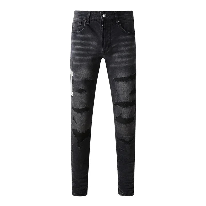BOGGO Streetwear Men Jeans Fashion Trend American High Street Retro wash Low Rise Elastic Skinny Pleated Ripped Denim Pants