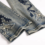 BOGGO Men's Pearl Boot Cut Denim Jeans Embroidery Patch Slim Flared Pants Casual Streetwear Vintage Blue Trousers