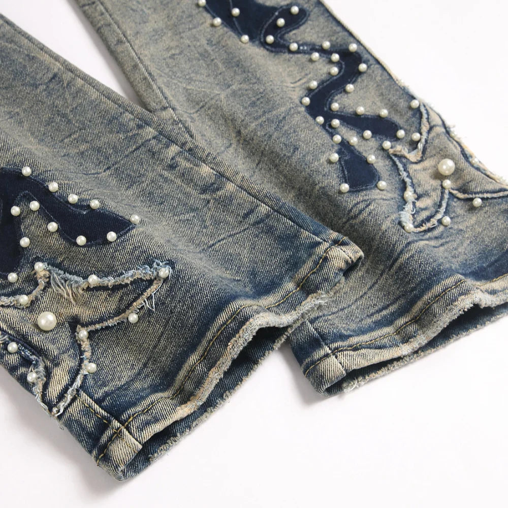 BOGGO Men's Pearl Boot Cut Denim Jeans Embroidery Patch Slim Flared Pants Casual Streetwear Vintage Blue Trousers