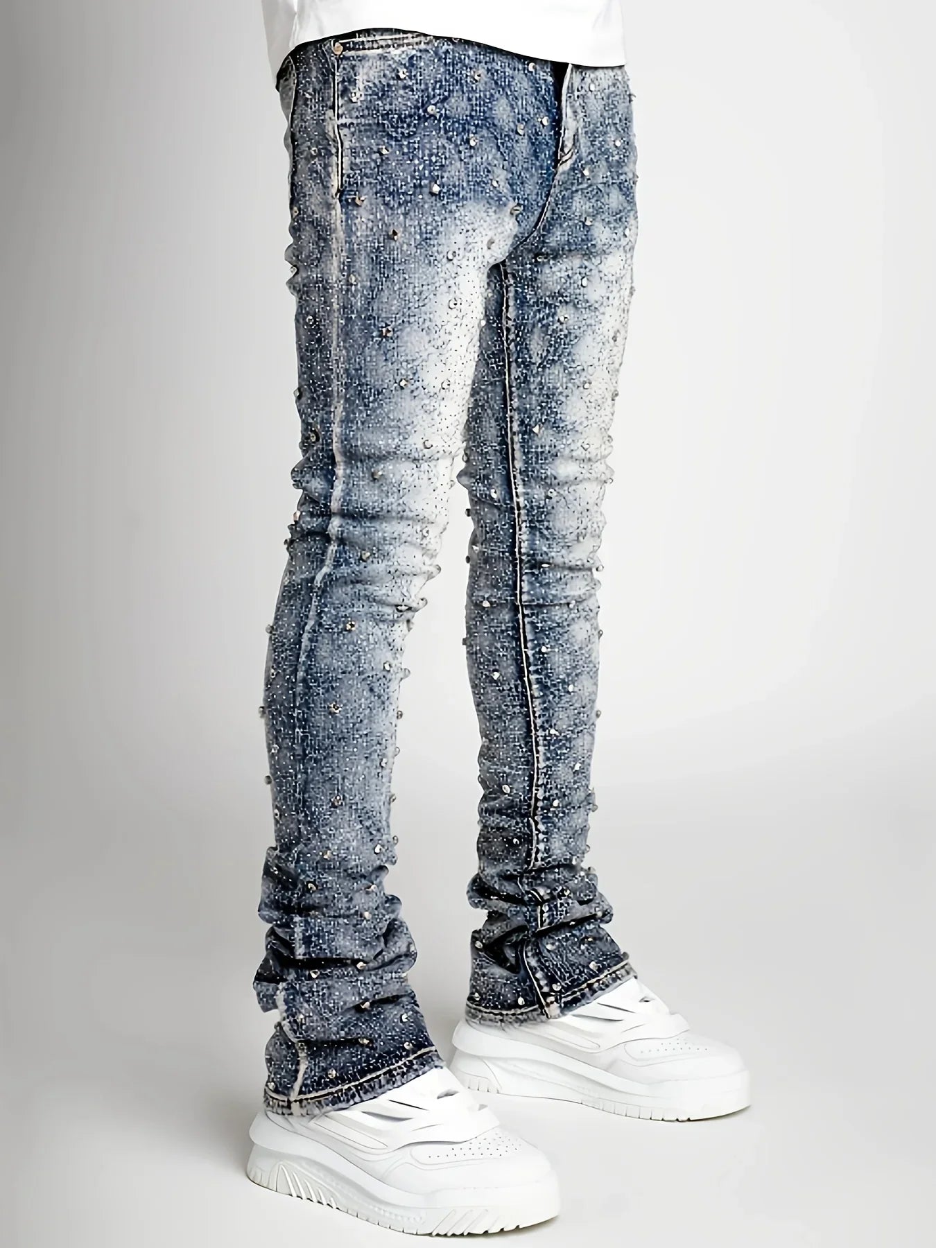 BOGGOMen's denim fashion personality straight leg men's pants European and American fashion Instagram hot item elastic pearl denim la