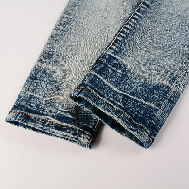 BOGGO Men Paisley Bandana Print Patch Jeans Streetwear High Stretch Denim Pants Holes Ripped Patchwork Skinny Tapered Trousers