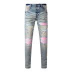 Fashionable new blue men's jeans, washed, nostalgic, elastic, slim fit, perforated patch, jeans, high street designer, high-qual
