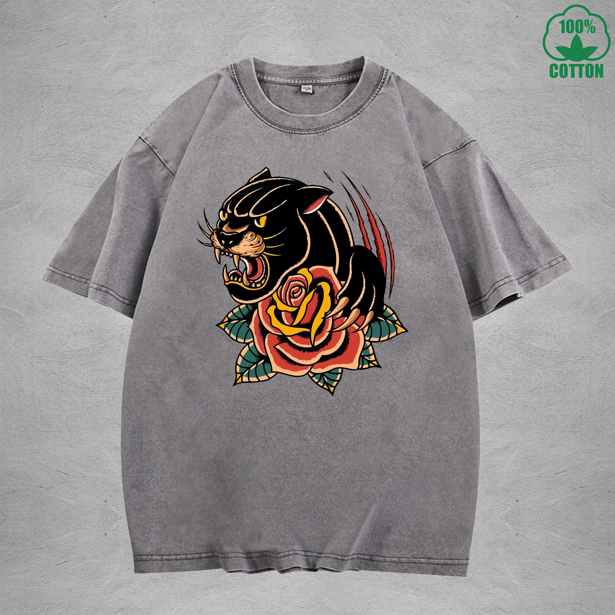 BOGGO  Black PantherInterest Printed Washed T-Shirt 230G Multicolor Loose Trendy Fashionable 100%Cotton Short Sleeve Top