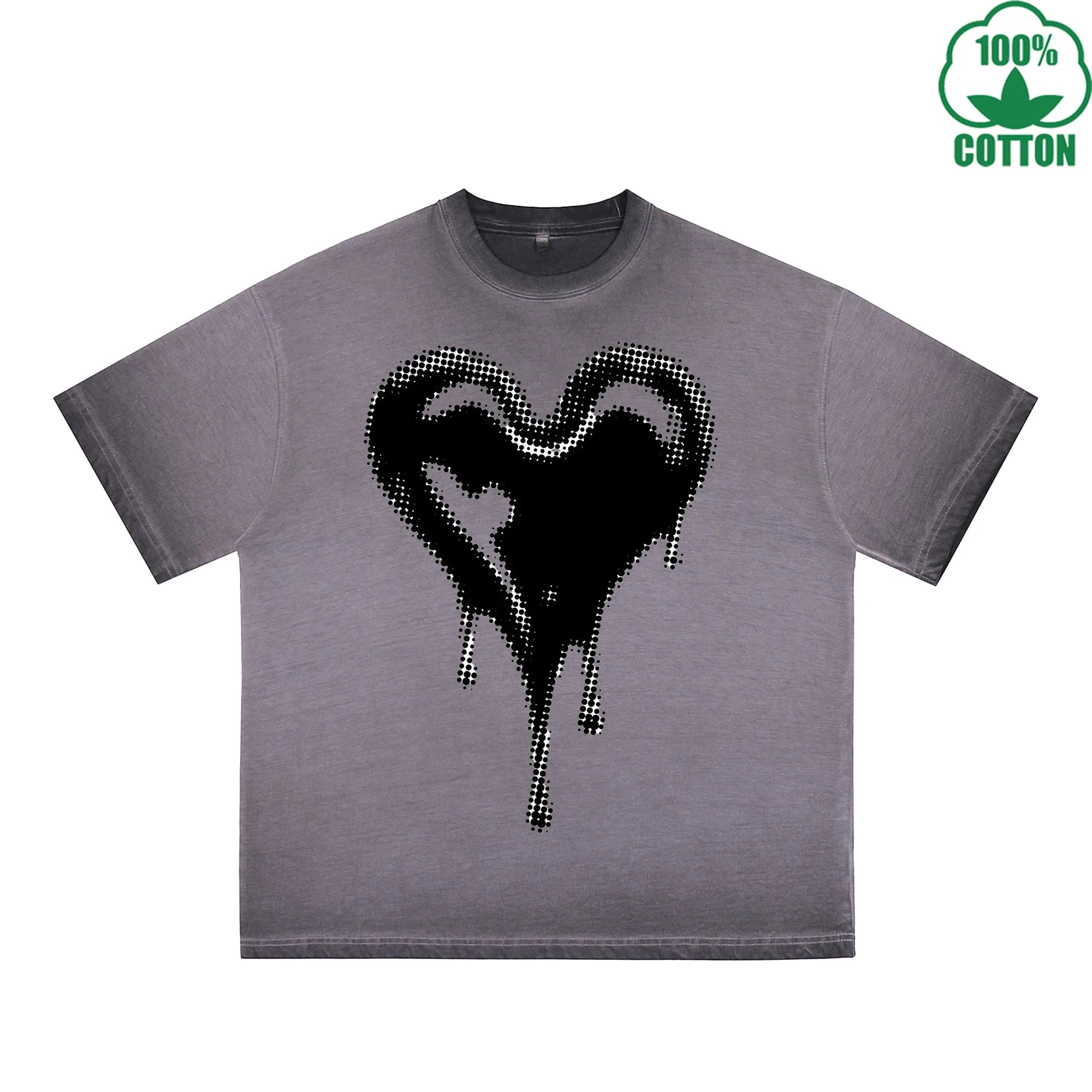 BOGGO  Melted Heart Printed Dirty WashT-Shirt 230G Multicolor Loose Trendy Short Sleeves Fashionable 100%Cotton Top