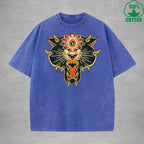 BOGGO  One Eyed TigerInterest Printed Washed T-Shirt 230G Multicolor Loose Trendy Fashionable 100%Cotton Short Sleeve Top