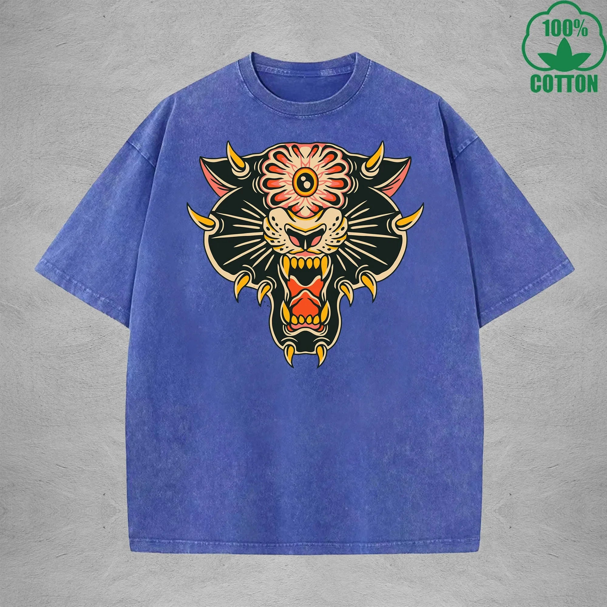 BOGGO  One Eyed TigerInterest Printed Washed T-Shirt 230G Multicolor Loose Trendy Fashionable 100%Cotton Short Sleeve Top