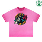 BOGGO  Skull Rose Printed Dirty WashT-Shirt 230G Multicolor Loose Trendy Fashionable 100%Cotton Short Sleeve Top