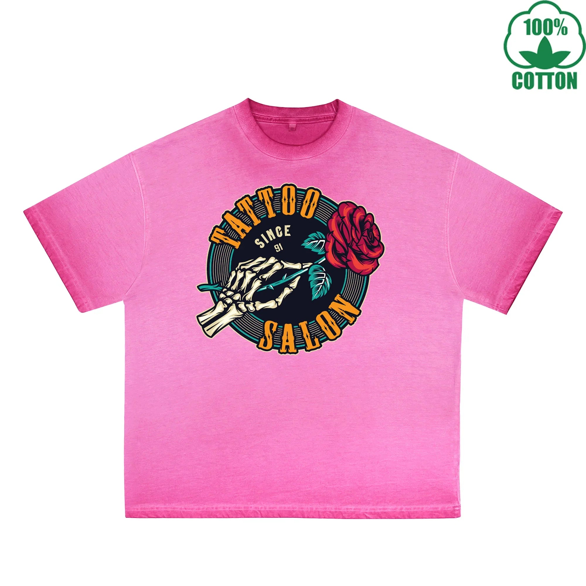 BOGGO  Skull Rose Printed Dirty WashT-Shirt 230G Multicolor Loose Trendy Fashionable 100%Cotton Short Sleeve Top