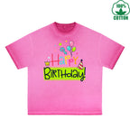 BOGGO  Happy Birthday Printed Dirty WashT-Shirt 230G Multicolor Loose Trendy Fashionable 100%Cotton Short Sleeve Top