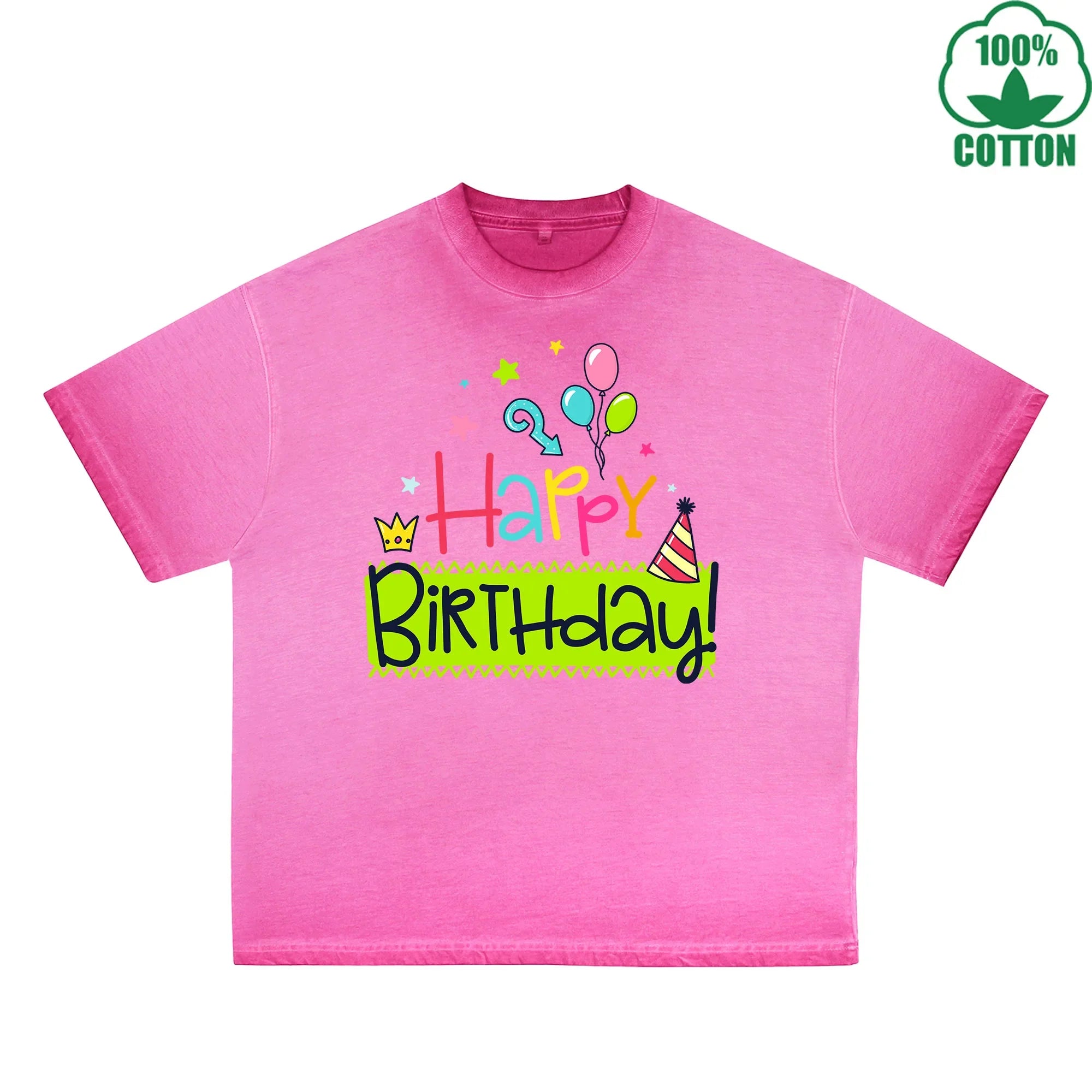 BOGGO  Happy Birthday Printed Dirty WashT-Shirt 230G Multicolor Loose Trendy Fashionable 100%Cotton Short Sleeve Top
