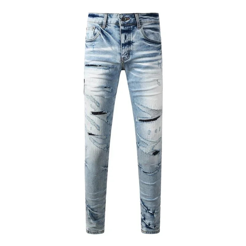 BOGGO Streetwear Men Jeans Fashion Trend American High Street Retro wash Low Rise Elastic Skinny Pleated Ripped Denim Pants