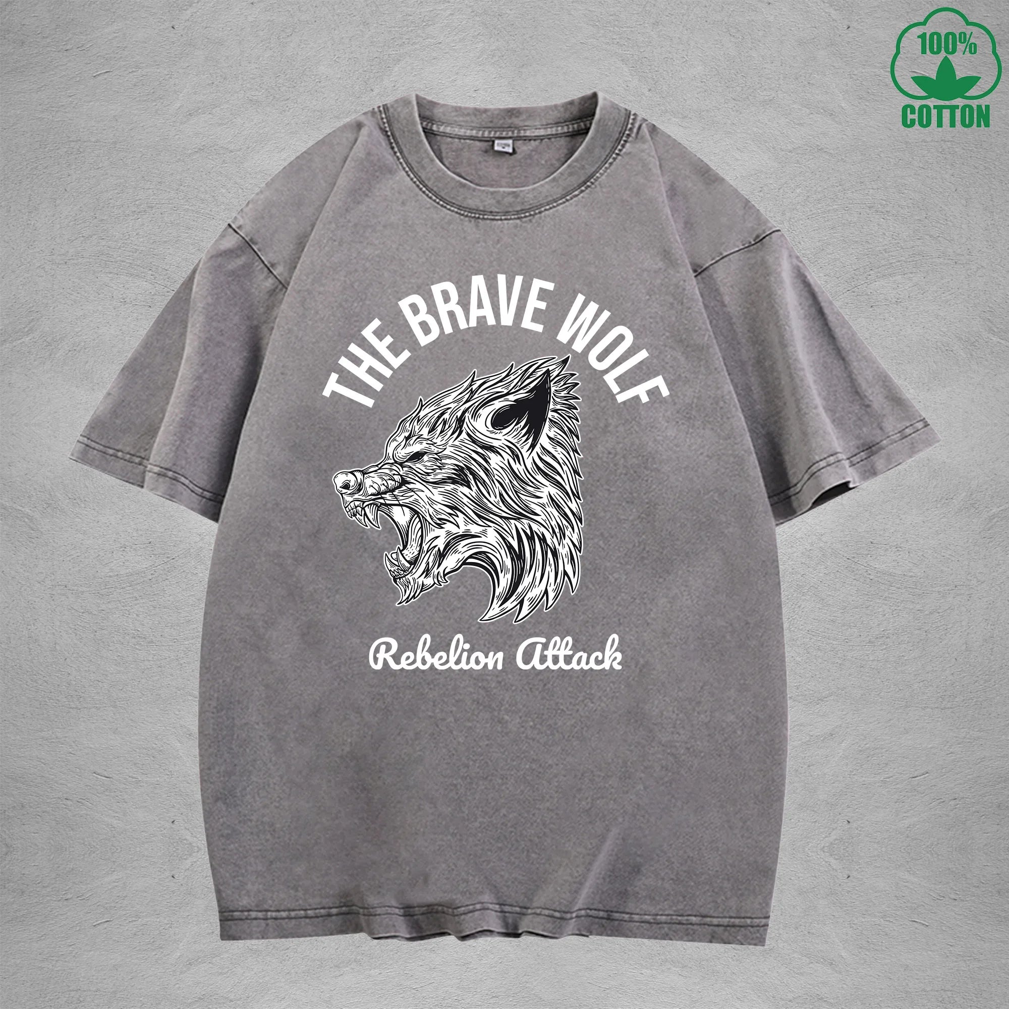 BOGGO  The Brave WolfInterest Printed Washed T-Shirt 230G Multicolor Loose Trendy Fashionable 100%Cotton Short Sleeve Top