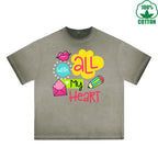 BOGGO  With All My Heart Printed Dirty WashT-Shirt 230G Multicolor Loose Trendy Fashionable 100%Cotton Short Sleeve Top