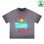 BOGGO  Thank You Printed Dirty WashT-Shirt 230G Multicolor Loose Trendy Fashionable 100%Cotton Short Sleeve Top