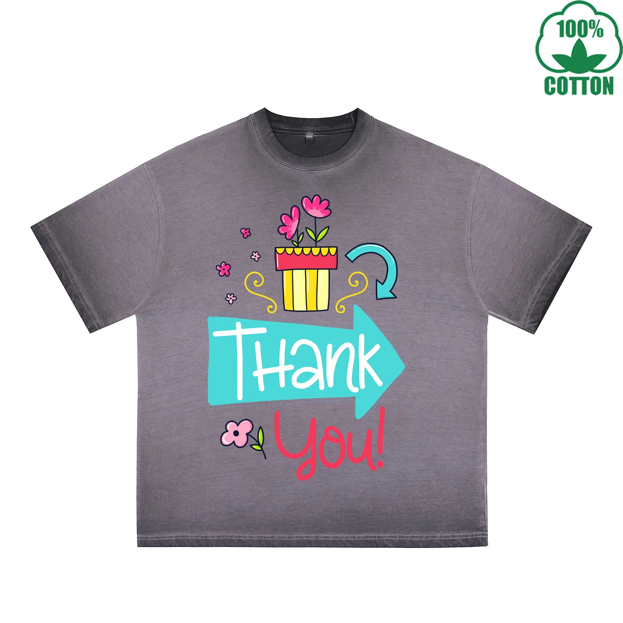 BOGGO  Thank You Printed Dirty WashT-Shirt 230G Multicolor Loose Trendy Fashionable 100%Cotton Short Sleeve Top