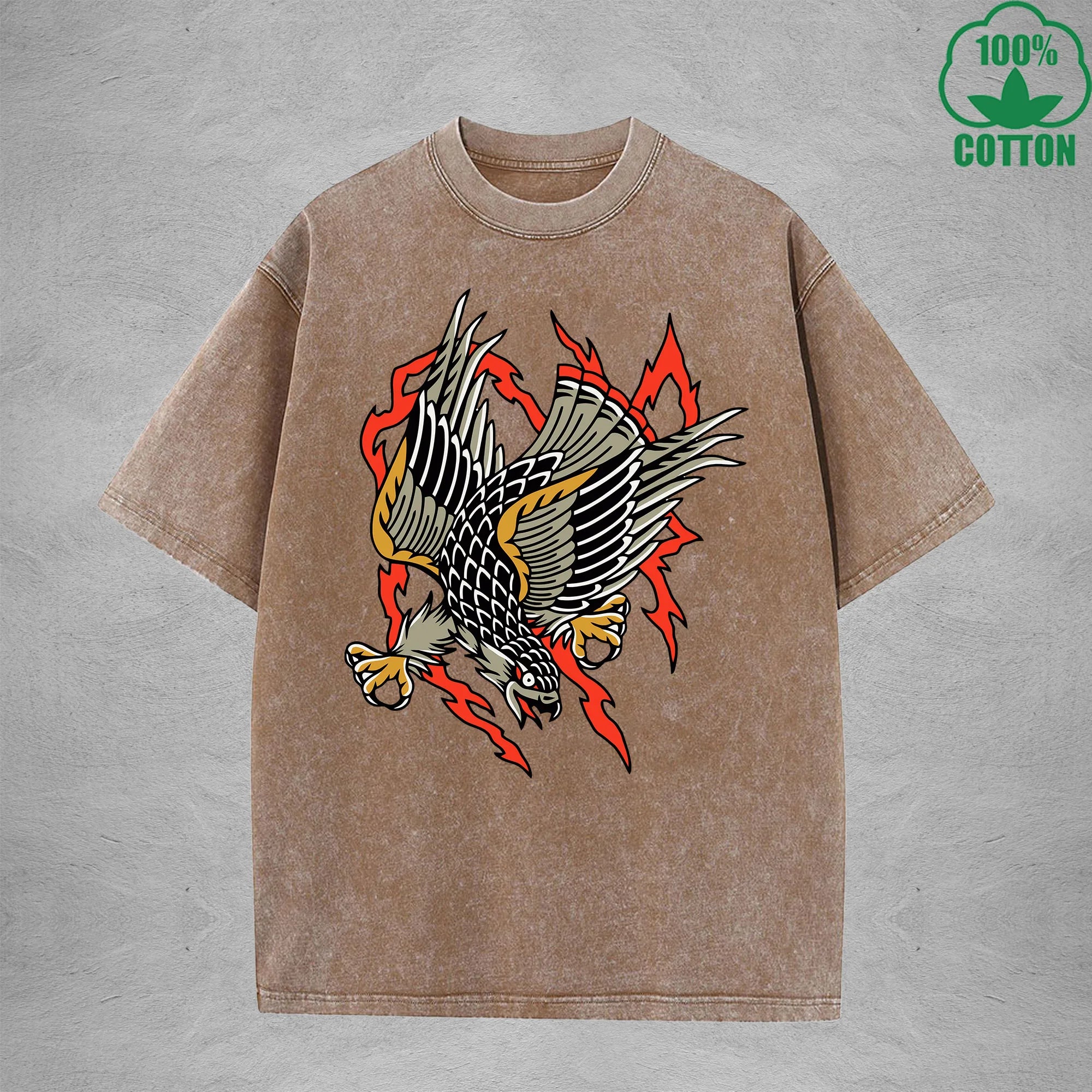 BOGGO  Aerial HunterInterest Printed Washed T-Shirt 230G Multicolor Loose Trendy Fashionable 100%Cotton Short Sleeve Top