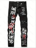 New European and American black washed embroidery jeans