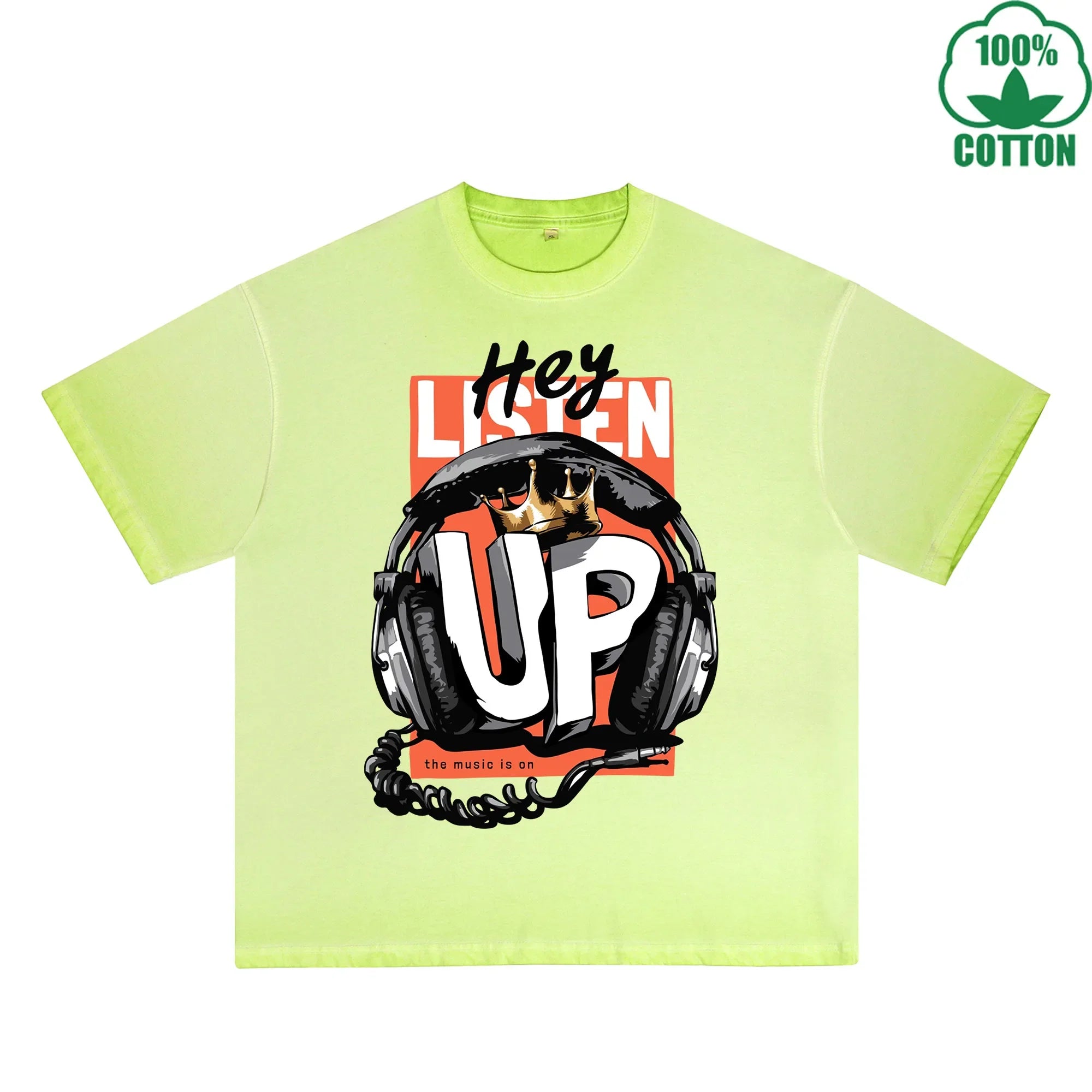BOGGO  Hey Listen UP Printed Dirty WashT-Shirt 230G Multicolor Loose Trendy Fashionable 100%Cotton Short Sleeve Top