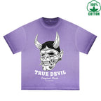 BOGGO  True Devil Printed Dirty WashT-Shirt 230G Multicolor Loose Trendy Fashionable 100%Cotton Short Sleeve Top