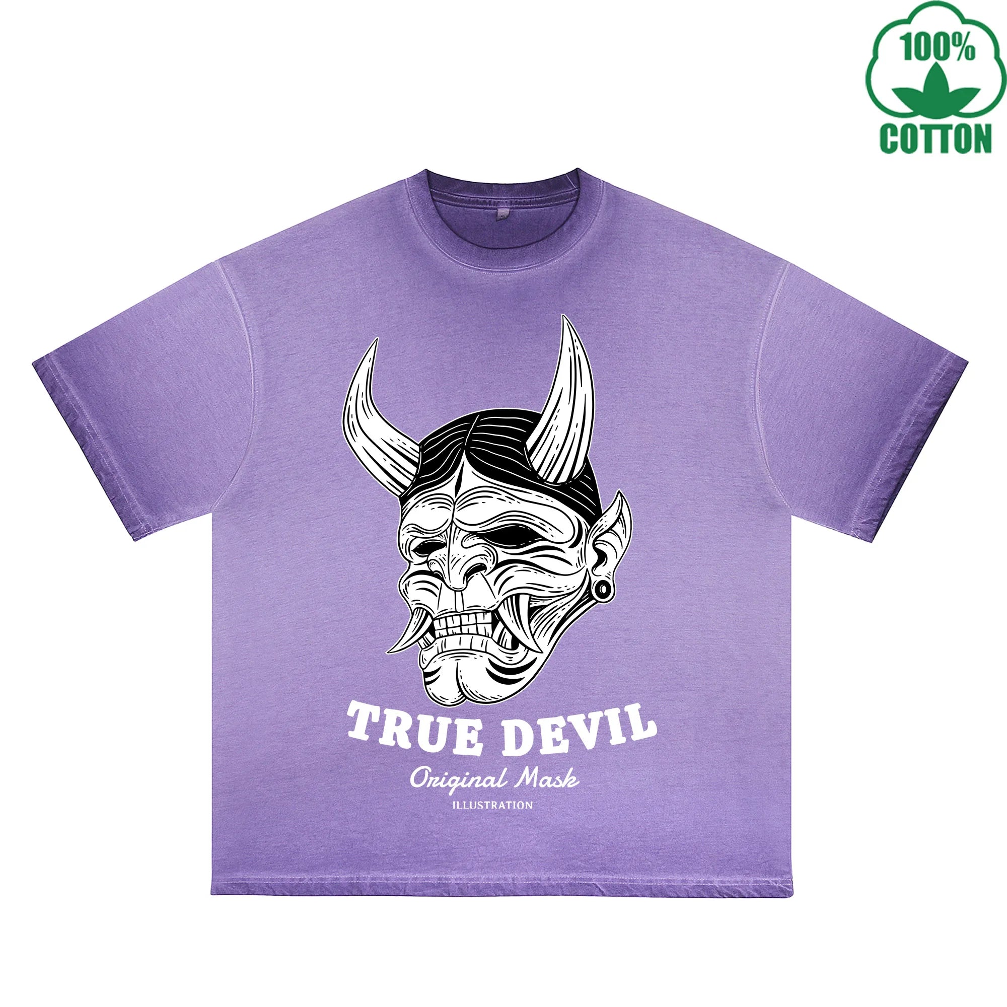 BOGGO  True Devil Printed Dirty WashT-Shirt 230G Multicolor Loose Trendy Fashionable 100%Cotton Short Sleeve Top