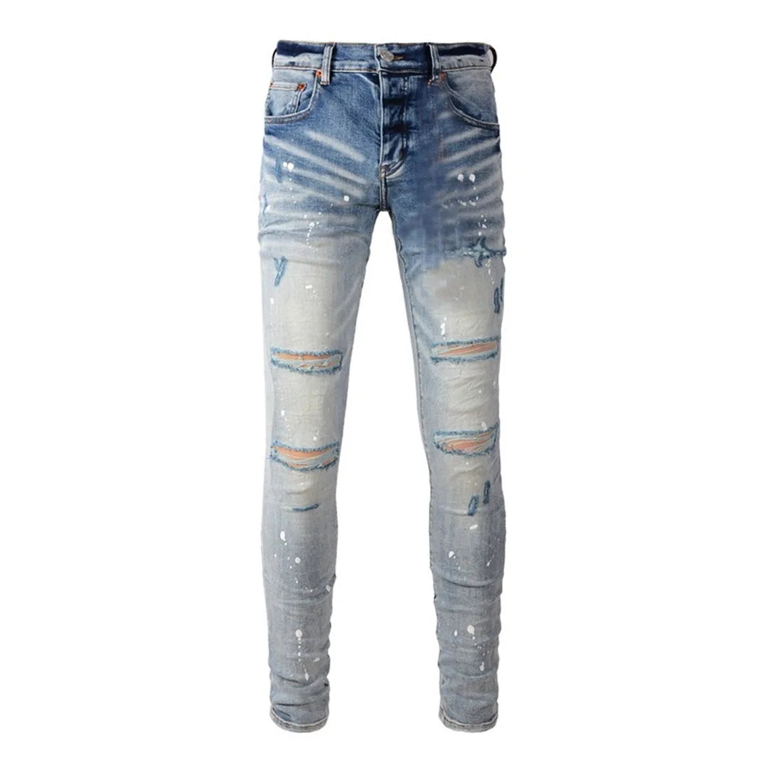 BOGGO High Street Men's Jeans American Distressed Dark Black Coated Blank Stretch Skinny Button Fly Ripped Pants Trousers