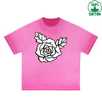 BOGGO  Rose Printed Dirty WashT-Shirt 230G Multicolor Loose Trendy Fashionable 100%Cotton Short Sleeve Top