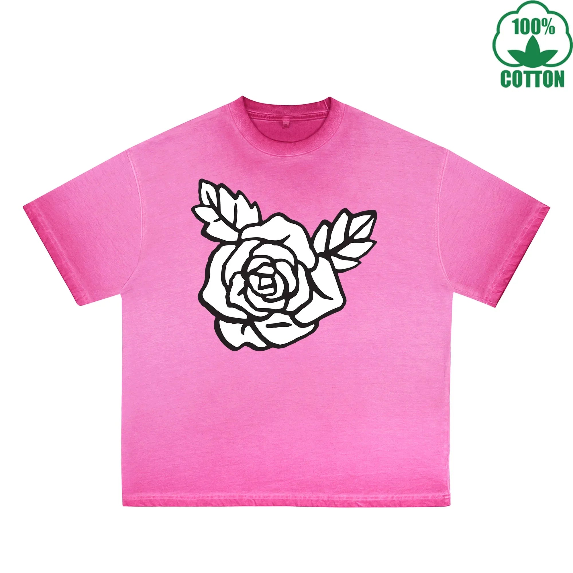 BOGGO  Rose Printed Dirty WashT-Shirt 230G Multicolor Loose Trendy Fashionable 100%Cotton Short Sleeve Top