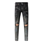 BOGGO High Street Men's Jeans American Distressed Dark Black Coated Blank Stretch Skinny Button Fly Ripped Pants Trousers