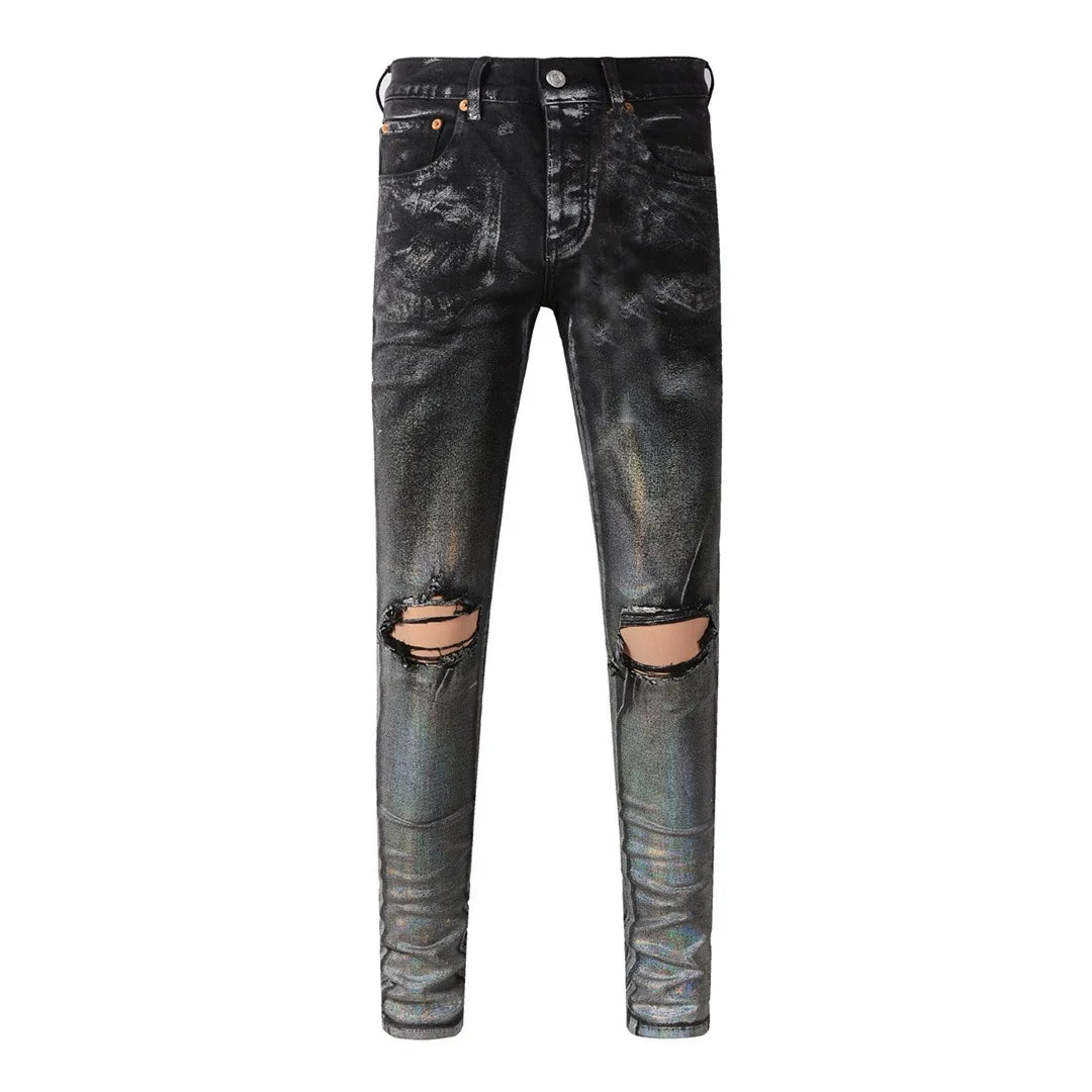 BOGGO High Street Men's Jeans American Distressed Dark Black Coated Blank Stretch Skinny Button Fly Ripped Pants Trousers
