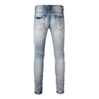 BOGGO Men Paisley Bandana Print Patch Jeans Streetwear High Stretch Denim Pants Holes Ripped Patchwork Skinny Tapered Trousers