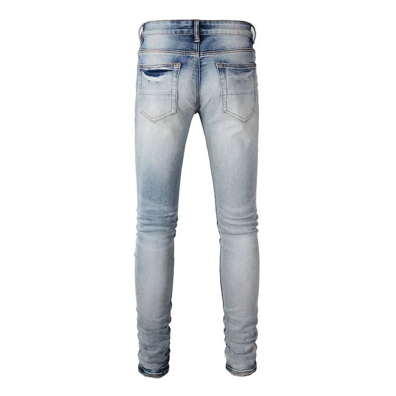 BOGGO Men Paisley Bandana Print Patch Jeans Streetwear High Stretch Denim Pants Holes Ripped Patchwork Skinny Tapered Trousers