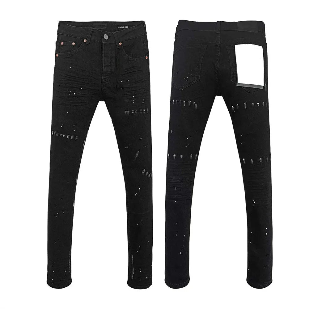 BOGGO Men Jeans Fashion Americans High street Retro wash black Splashing ink graffiti print Low Rise Elastic Skinny Jeans Brand pants