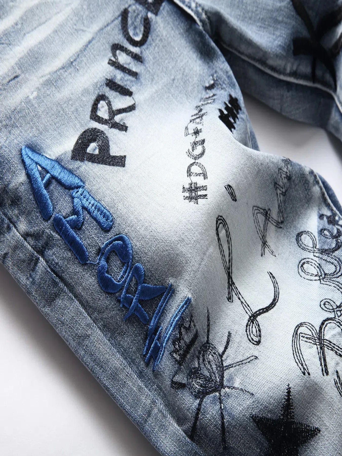 Hipster Guy Hip Hop Street Style Embroidery Stretch Slim Straight Leg Jeans Guy