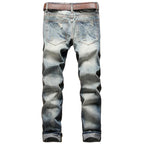 New Men's Hip Hop High Street Motorcycle Jeans Badge Distressed Ripped Denim Trousers Male Non-stretch Straight Slim Fit Jeans