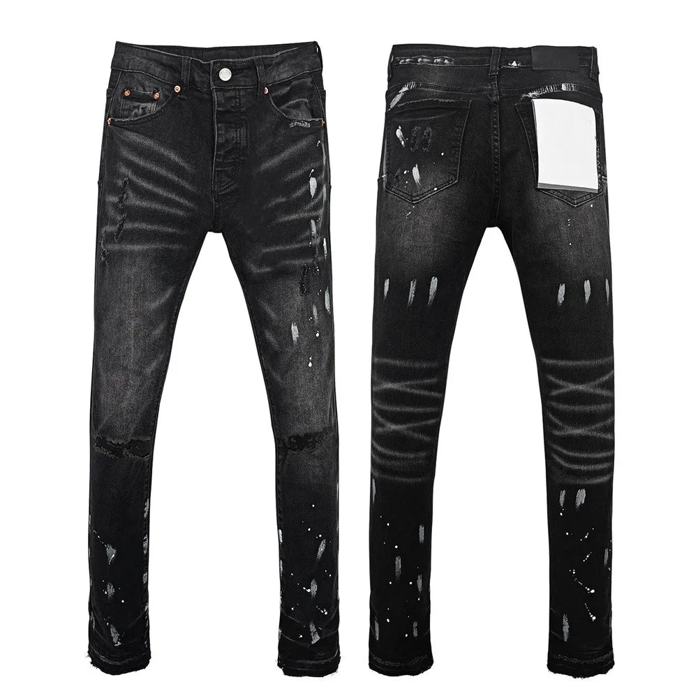 BOGGO Men Jeans Fashion Americans High street Retro wash black Splashing ink graffiti print Low Rise Elastic Skinny Jeans Brand pants