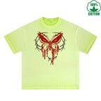 BOGGO  Blood Butterfly Printed Dirty WashT-Shirt 230G Multicolor Loose Trendy Fashionable 100%Cotton Short Sleeve Top