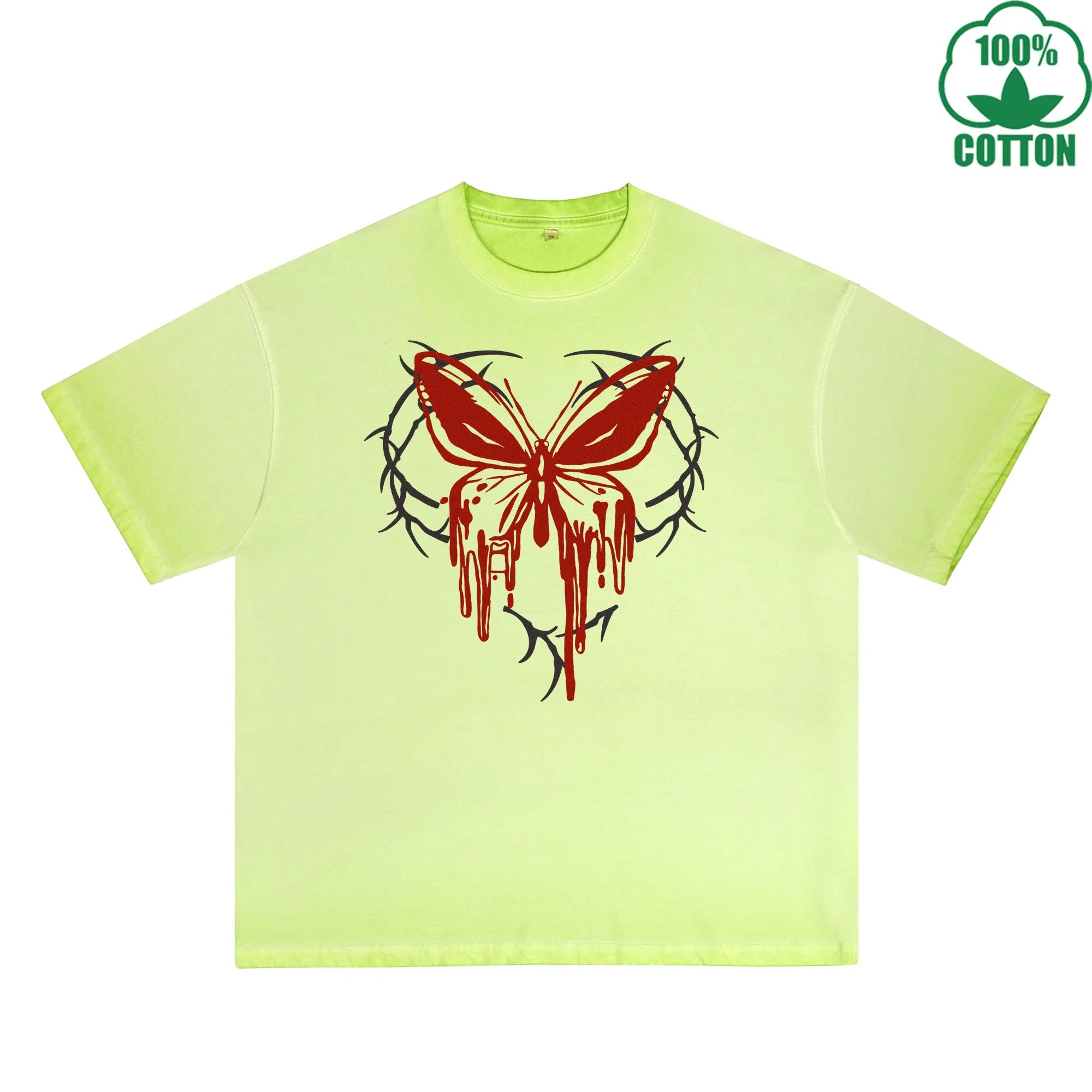 BOGGO  Blood Butterfly Printed Dirty WashT-Shirt 230G Multicolor Loose Trendy Fashionable 100%Cotton Short Sleeve Top