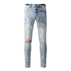 BOGGO High Street Men's Jeans American Distressed Dark Black Coated Blank Stretch Skinny Button Fly Ripped Pants Trousers