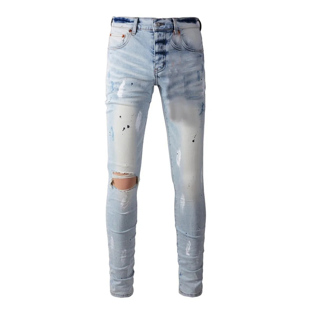 BOGGO High Street Men's Jeans American Distressed Dark Black Coated Blank Stretch Skinny Button Fly Ripped Pants Trousers
