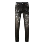BOGGO High Street Men's Jeans American Distressed Dark Black Coated Blank Stretch Skinny Button Fly Ripped Pants Trousers