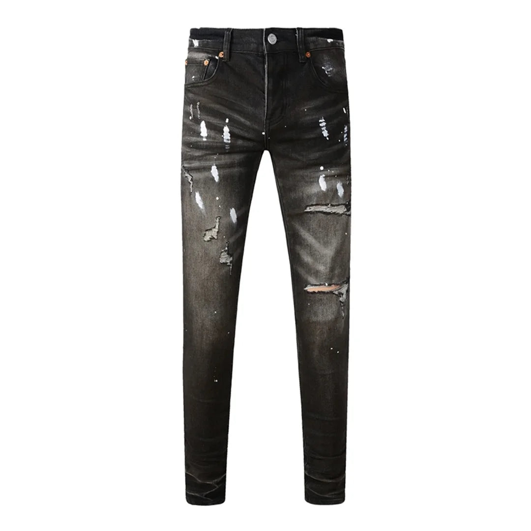 BOGGO High Street Men's Jeans American Distressed Dark Black Coated Blank Stretch Skinny Button Fly Ripped Pants Trousers