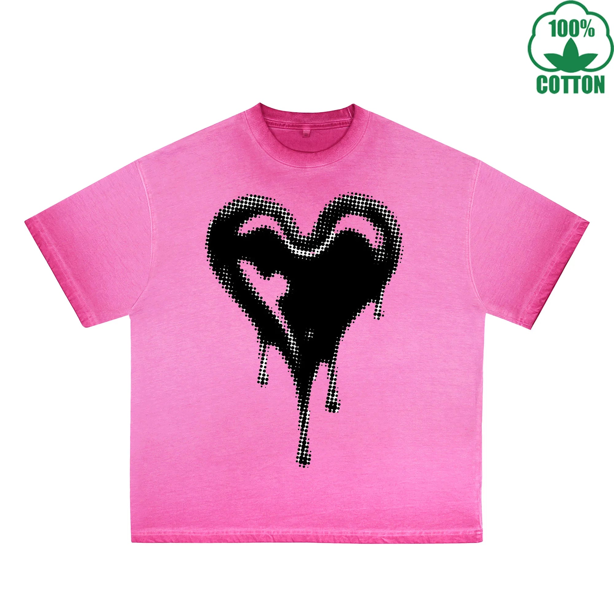 BOGGO  Melted Heart Printed Dirty WashT-Shirt 230G Multicolor Loose Trendy Short Sleeves Fashionable 100%Cotton Top