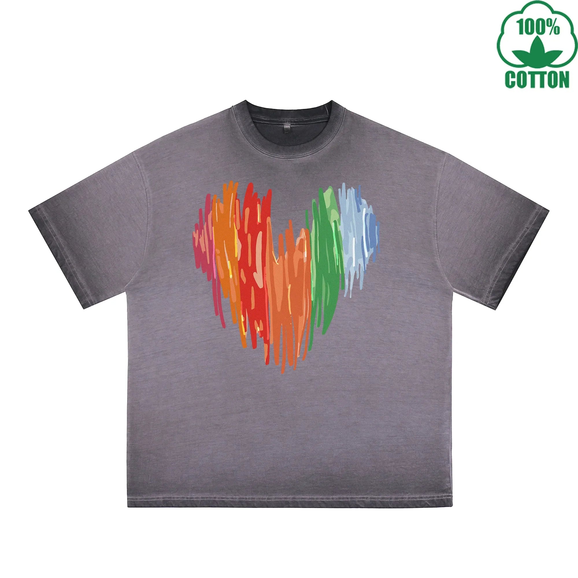 BOGGO  Colorful Heart Printed Dirty WashT-Shirt 230G Multicolor Loose Trendy Short Sleeves Fashionable 100%Cotton Top