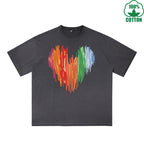 BOGGO  Colorful Heart Printed Dirty WashT-Shirt 230G Multicolor Loose Trendy Short Sleeves Fashionable 100%Cotton Top